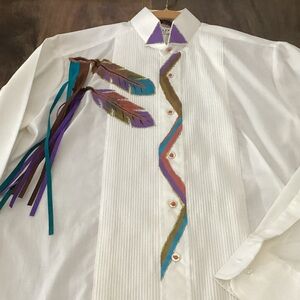 Womens White Button-Down Shirt with Multicolor Feather Accent